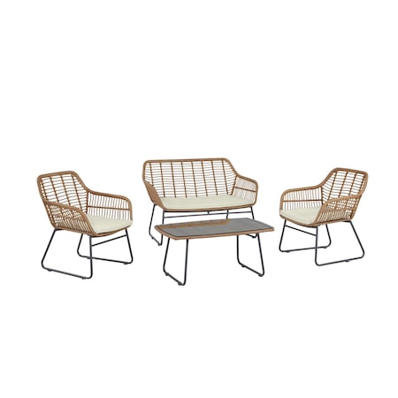 Manhattan Comfort Antibes 2.0 Steel Rattan 4-Piece Patio Conversation Set with Cushions in Cream OD-CV011-CR